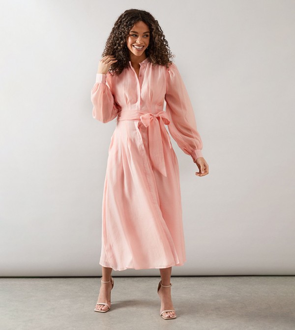 Belted Long Sleeves Midi Shirt Dress