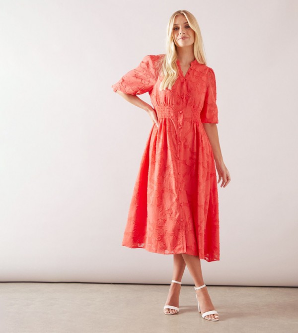 Petite Floral Printed Jacquard Button Midi Dress