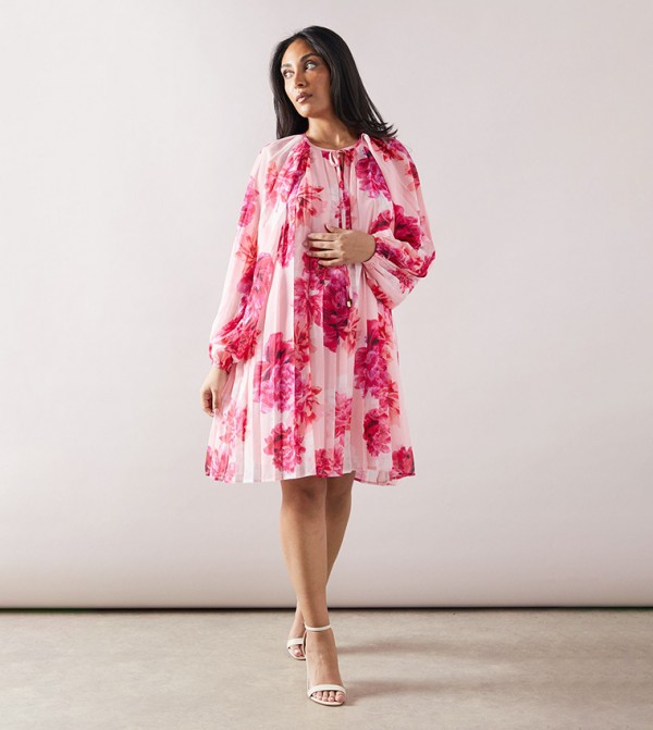 Petite Floral Print Pleated Swing Mini Dress