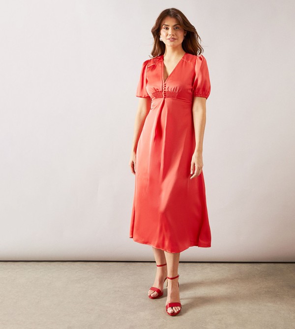 Satin Puff Sleeves Button Midaxi Dress