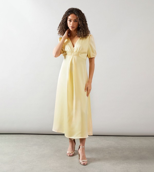 Satin Puff Sleeves Button Midaxi Dress