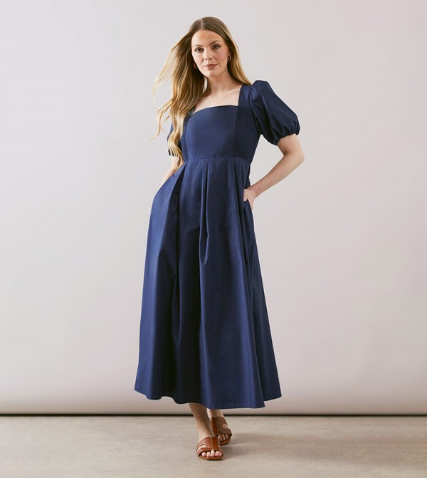 Solid Puff Sleeves Midaxi Dress