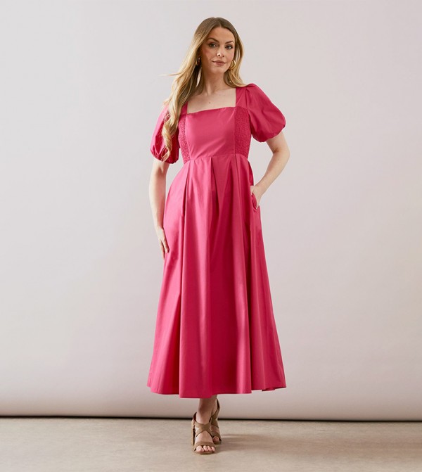 Solid Puff Sleeves Midaxi Dress