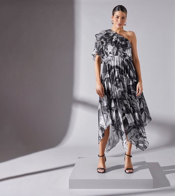 Printed Asymmetric Pleated Midi Dress