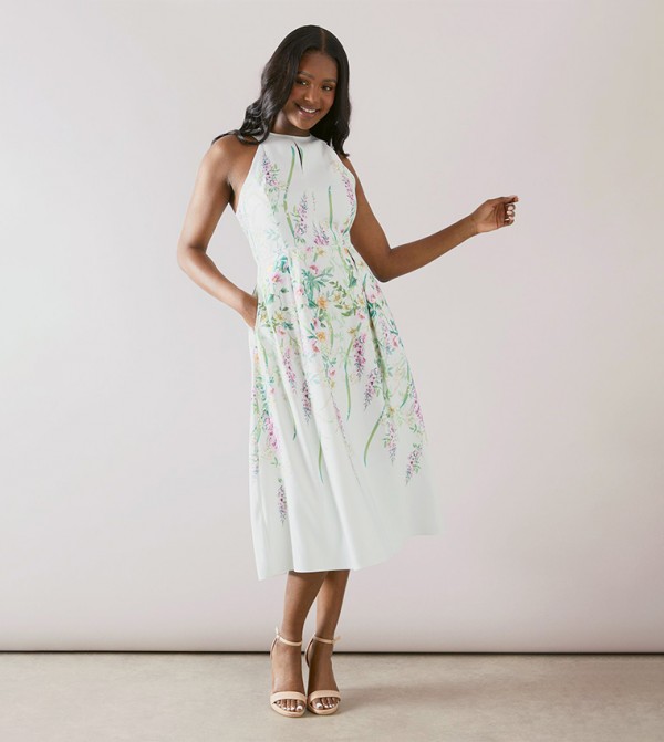 Printed Twill Peplum Midi Dress
