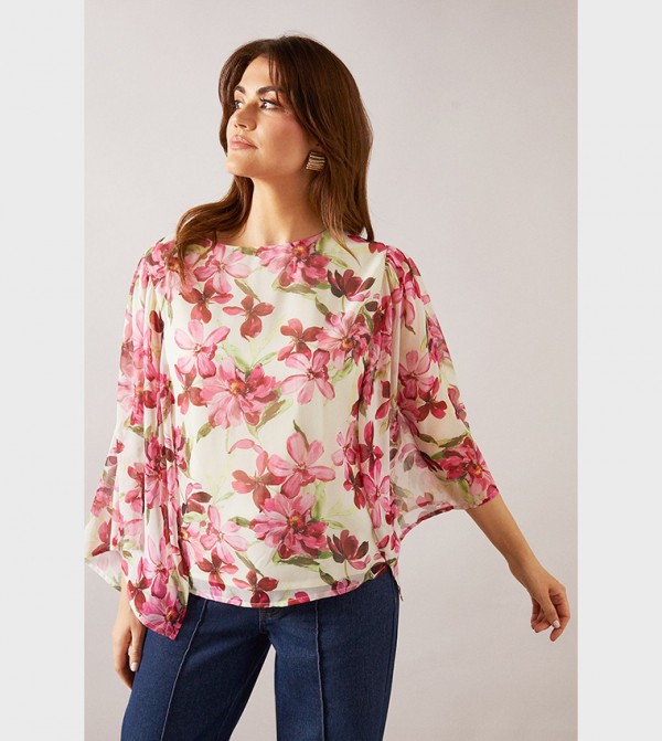 Printed Split Sleeves Overlay Top