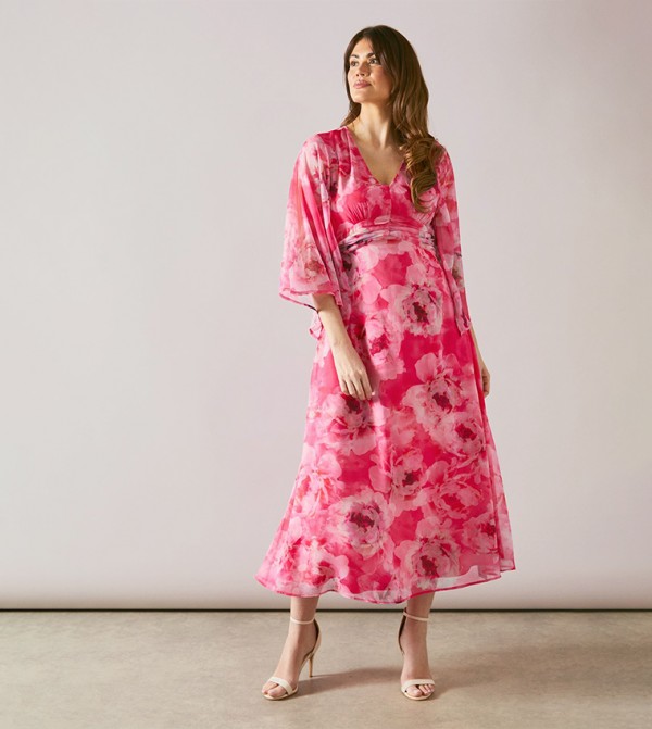 Floral Print Split Sleeves Ruched Midi Dress