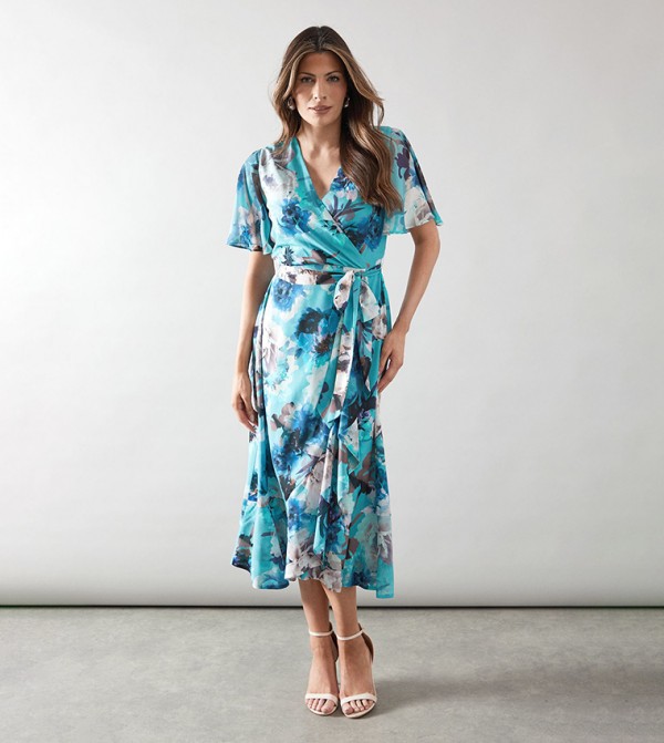Floral Print Ruffle Wrap Belted Midi Dress