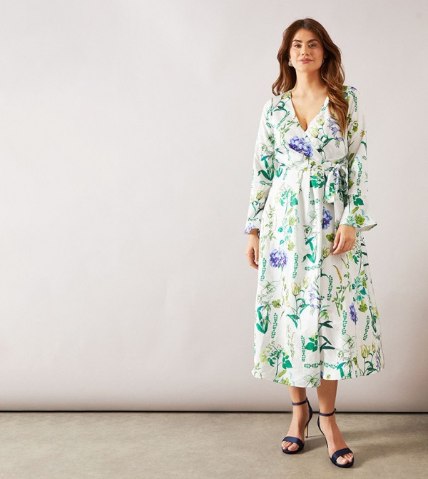 Floral Satin Jacquard Wrap Midi Dress