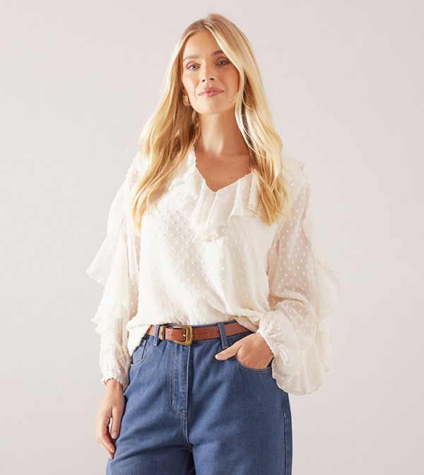 Petite Ruffle Detail Dobby Top