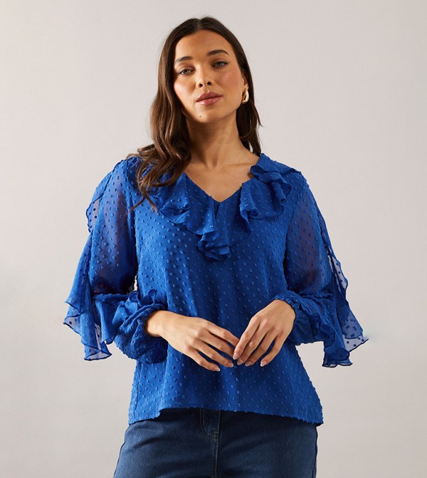 Petite Ruffle Detail Dobby Top