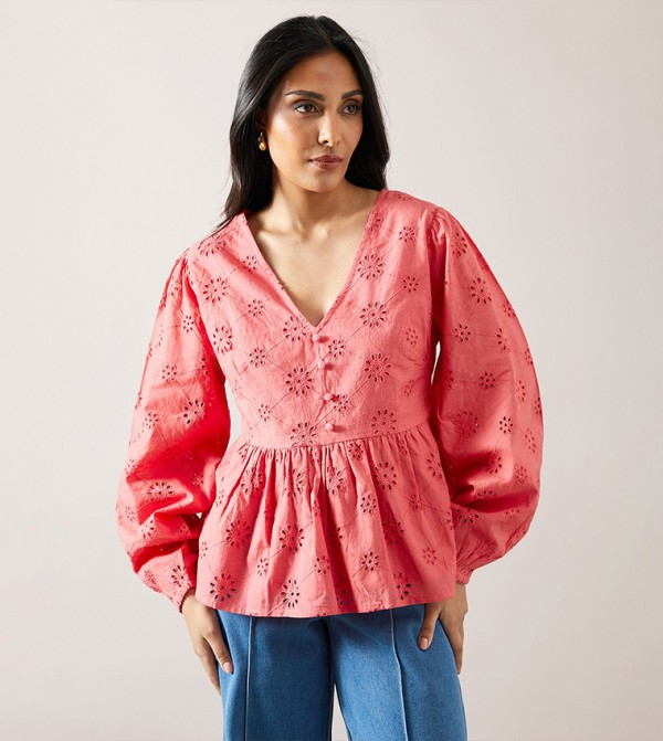 Petite Broderie Button Peplum Top