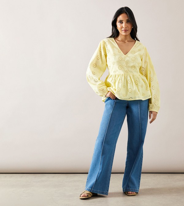 Petite Broderie Button Peplum Top