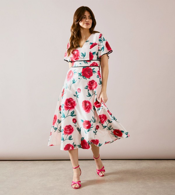 Floral Print Structured Satin Fit & Flare Midi Dress