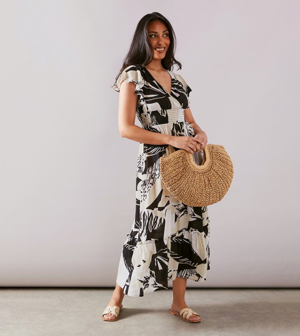 Petite Ruffle Sleeves Shirred Waist Midaxi Dress