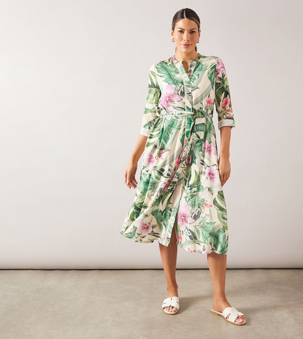 Petite Floral Print Viscose Linen Midi Shirt Dress