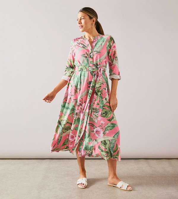Printed Viscose Linen Midi Shirt Dress