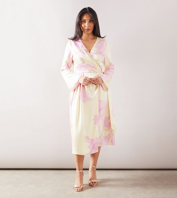 Petite Floral Satin Wrap Midi Dress