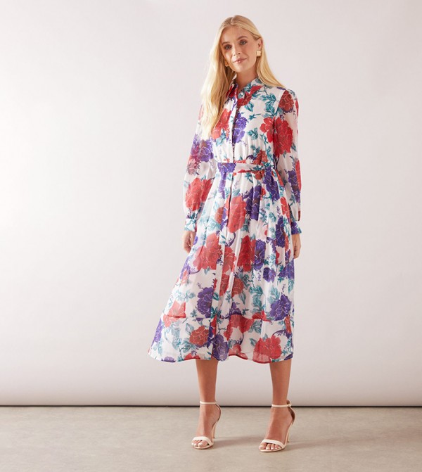 Petite Ivory Floral Printed Organza Shirt Midi Dress