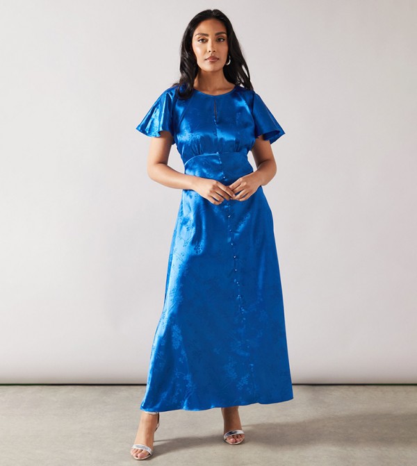 Petite Satin Jacquard Button Through Midaxi Dress