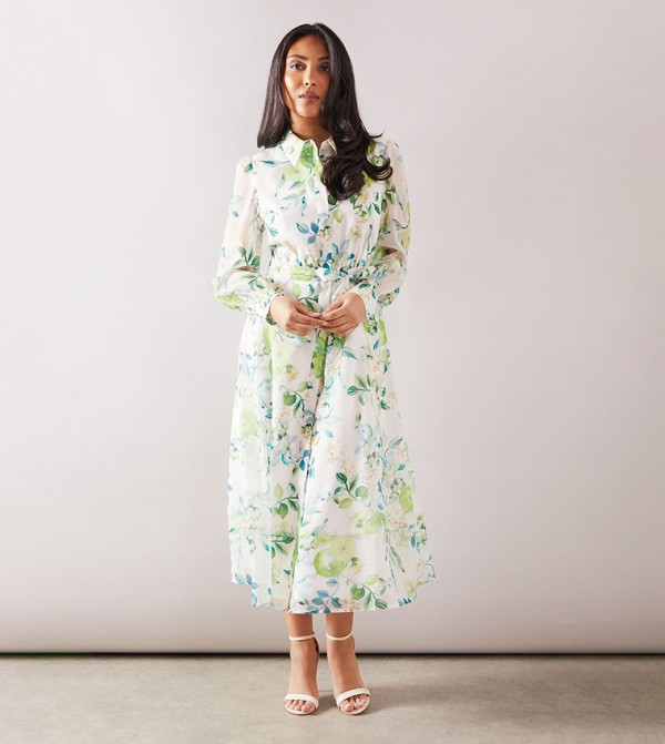 Petite Printed Belted Midi Shirt Dress