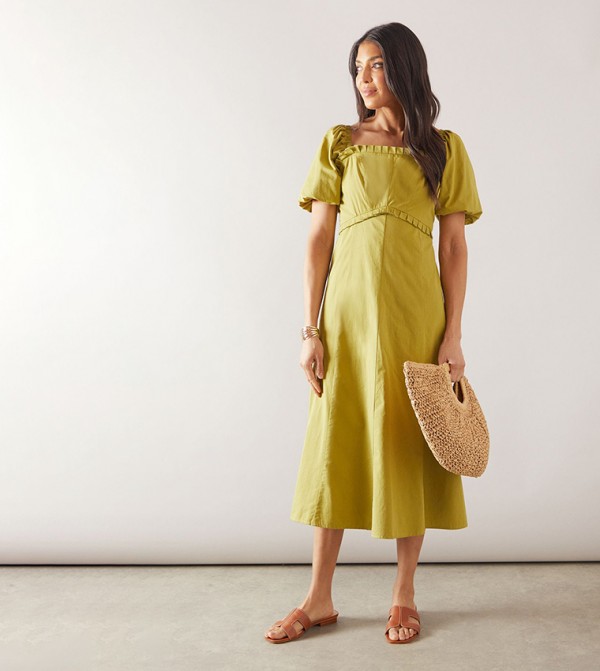 Pleat Detail Puff Sleeves Midaxi Dress