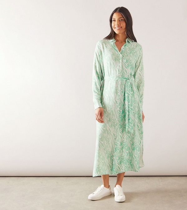Animal Printed Button Through Belted Shirt Dress