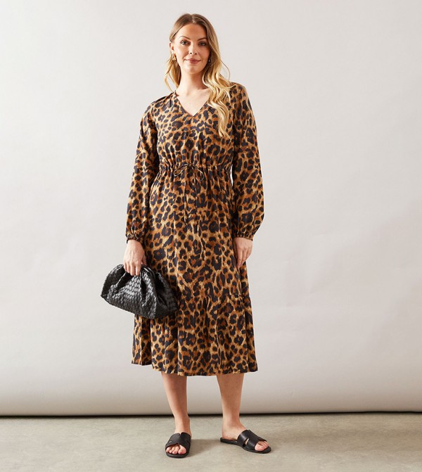 Leopard Print Drawstring Viscose Midi Dress