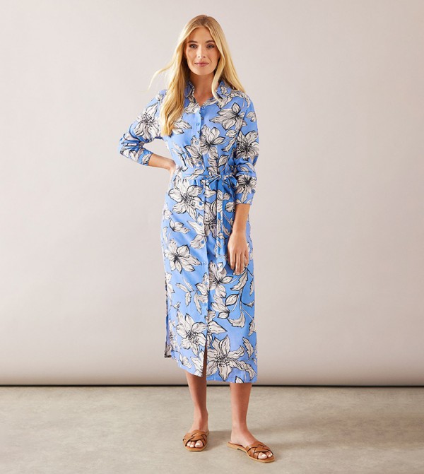 Floral Printed Button Through Belted Shirt Dress