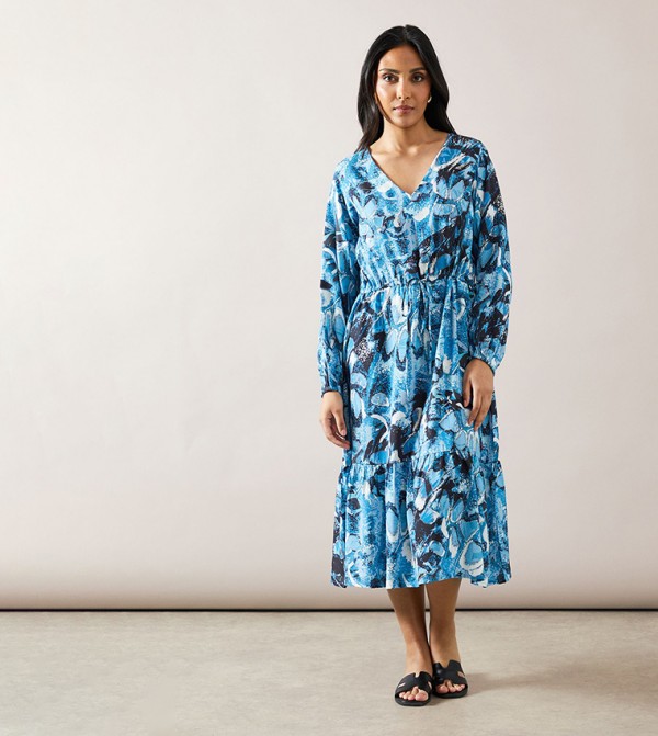 Petite Abstract Print Drawstring Viscose Midi Dress