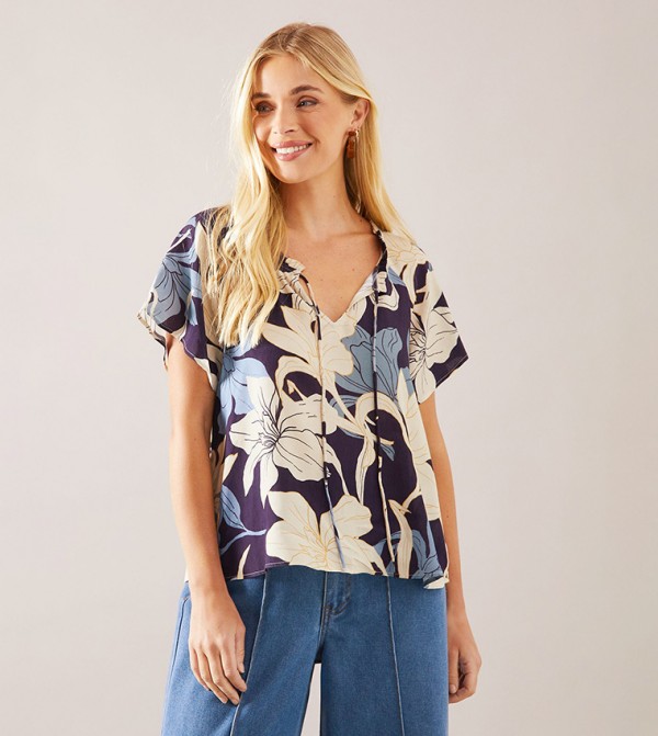 Petite Floral Printed Tie Neck Top