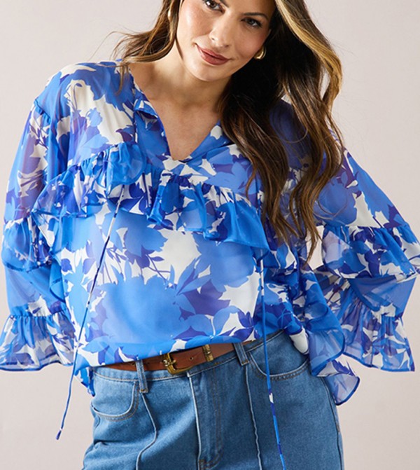 Floral Printed Ruffle Tie Detail Top