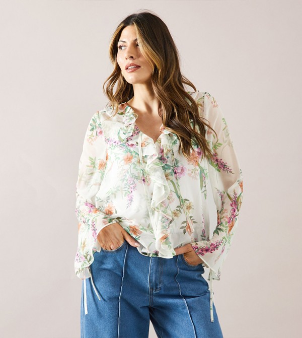 Floral Printed Long Sleeves Ruffled Top