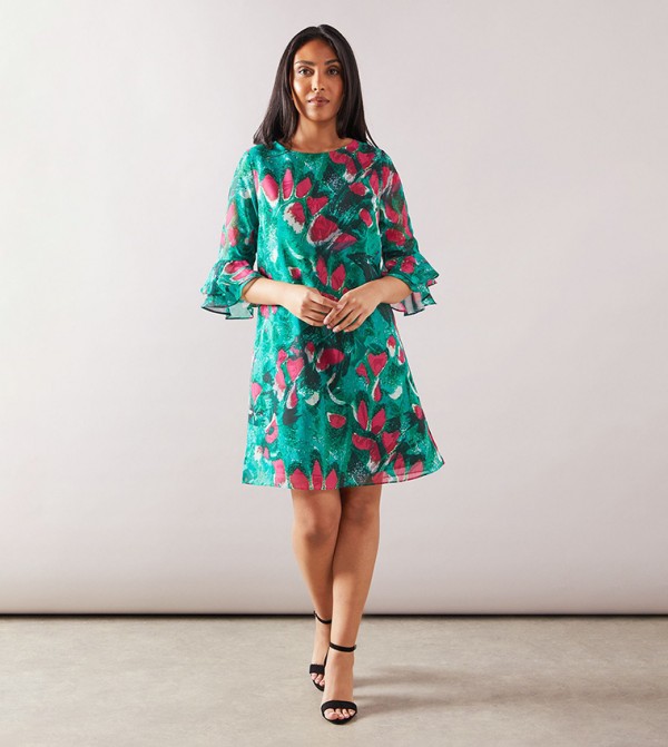 Petite Abstract Ruffle Sleeves Shift Dress