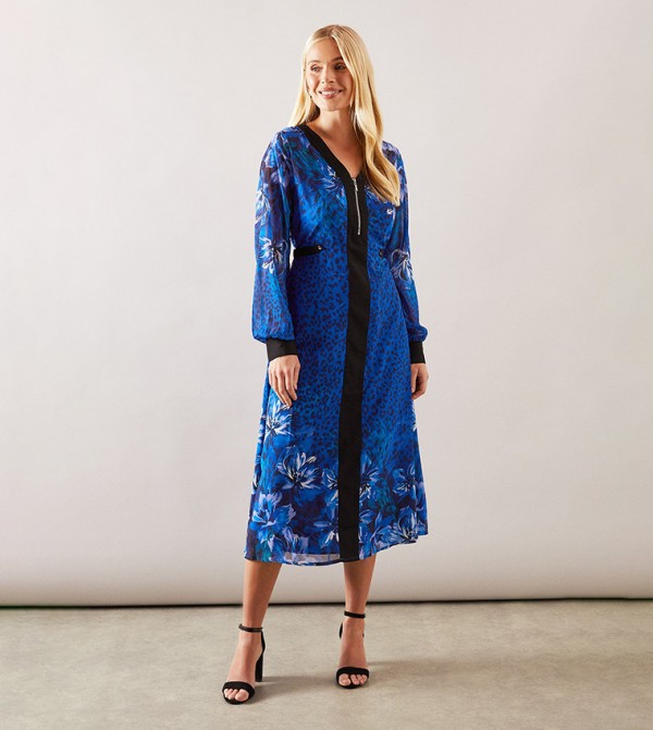 Petite Zip Front Floral Border Midi Dress