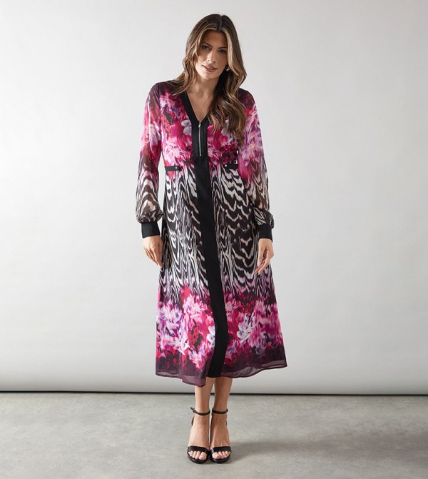 Zip Front Animal Printed Border Midi Dress