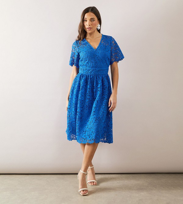Petite Lace Puff Seam Detail Midi Dress
