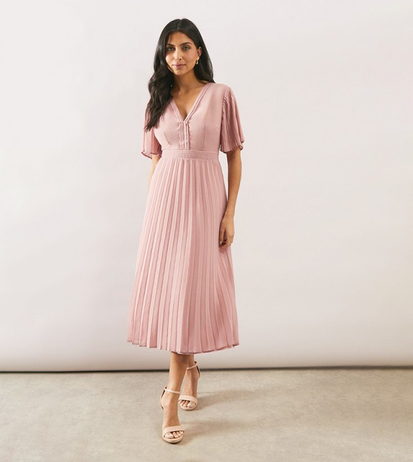 Chiffon Pleated Sleeves Midi Dress