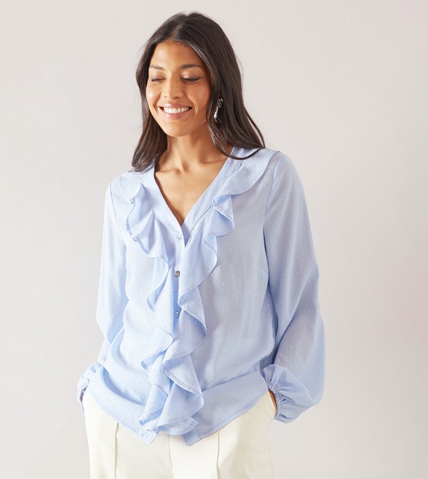 Hotfix Ruffle Front Balloon Sleeves Top