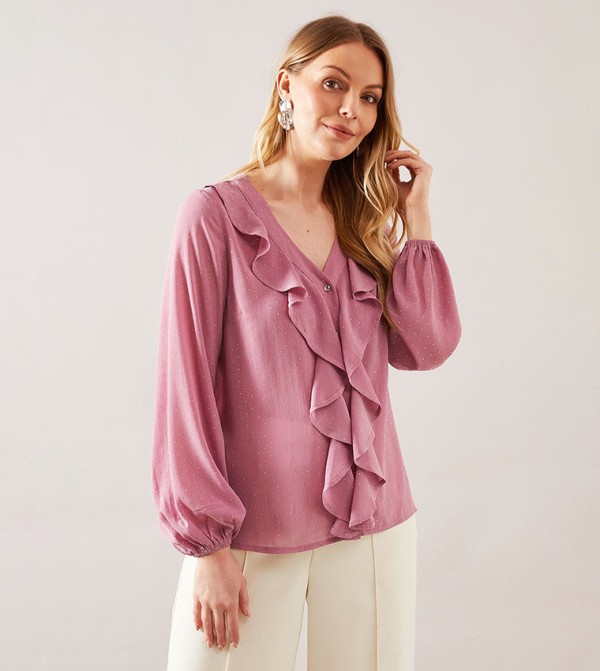 Hotfix Ruffle Front Balloon Sleeves Top