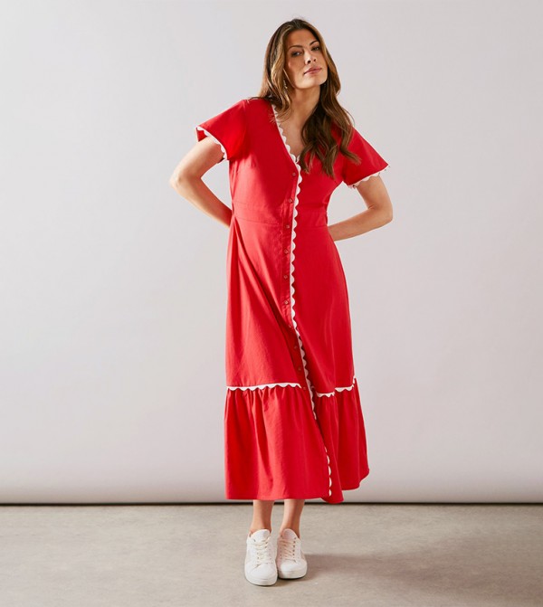 Linen Trim Detail Buttoned Midi Dress