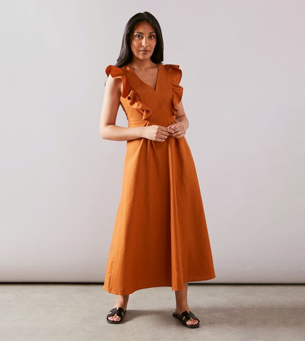 Petite Frill Sleeves Linen Midi Dress