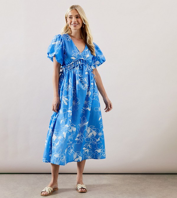Petite Floral Ruched Waist Midi Dress