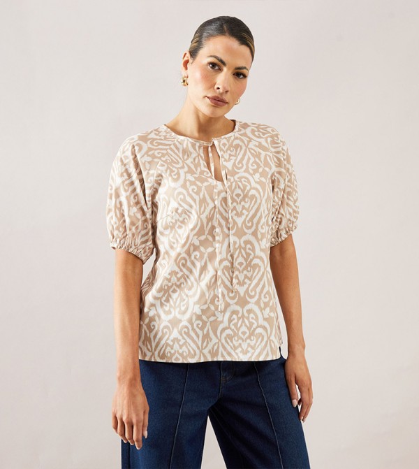 Abstract Printed Puff Sleeves Top