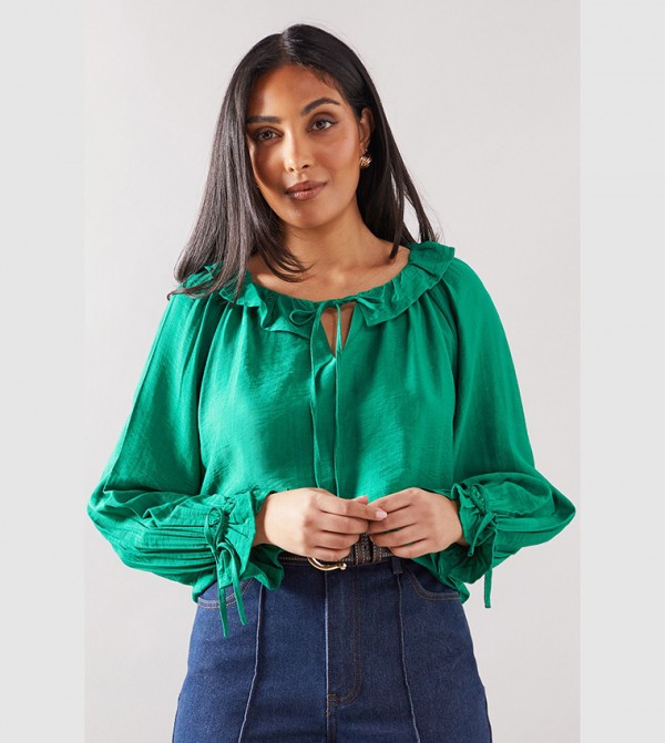 Petite Viscose Linen Ruffle Trim Top