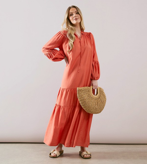 Long Sleeves Smock Tie Front Maxi Dress