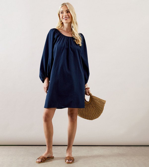 Petite Linen Elastic Neck Shift Dress with Frill Sleeve