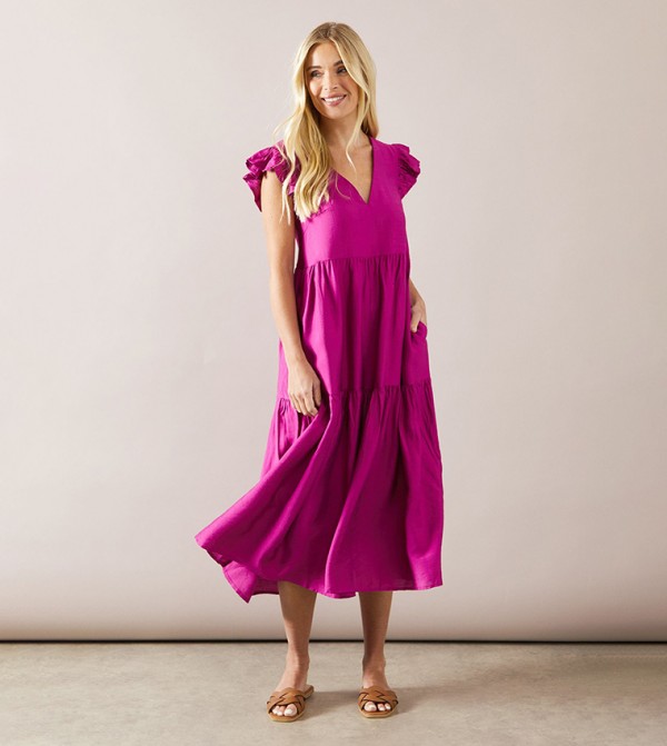 Petite Viscose Linen Tiered Midaxi Dress