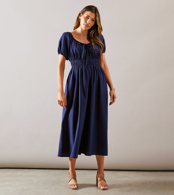 Linen Short Sleeves Midi Dress