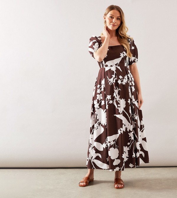 Printed Puff Sleeves Midaxi Dress